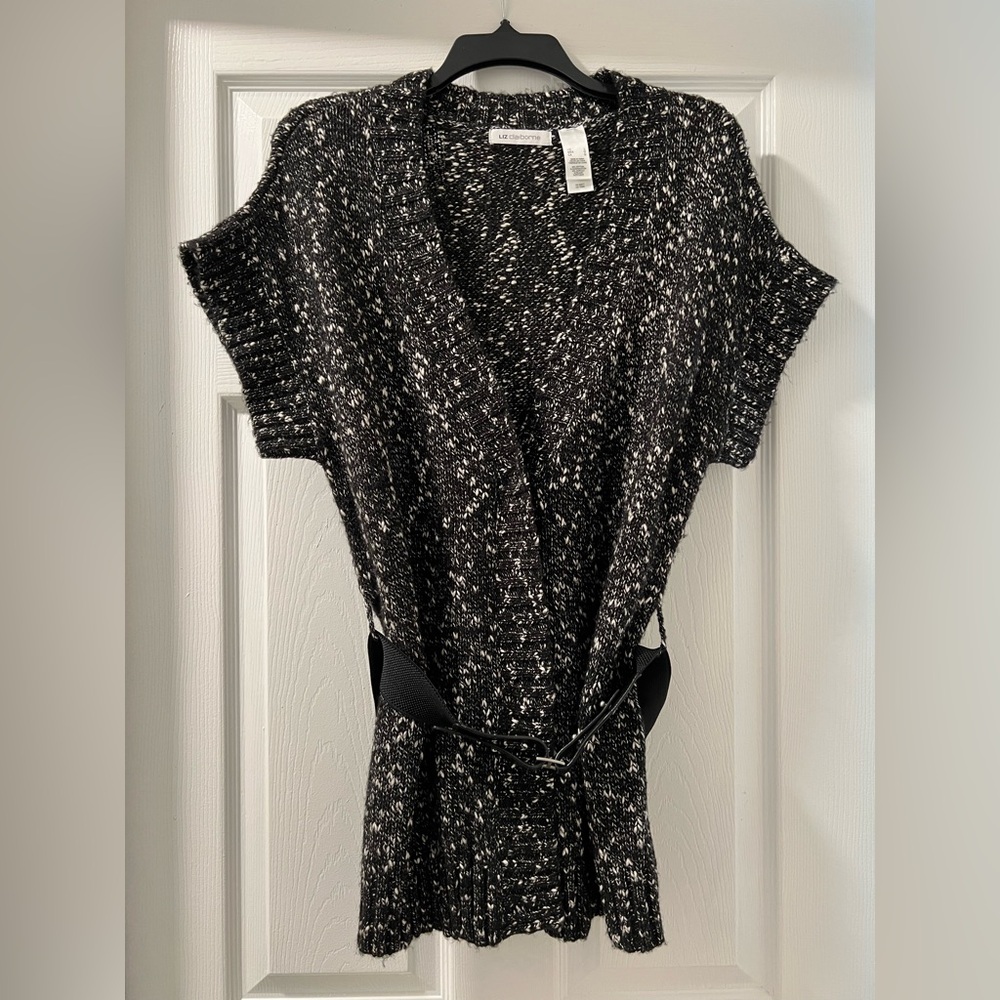 Liz Claiborne Black and White Sweater Knit Top Size Large Open Front Belt FLAW